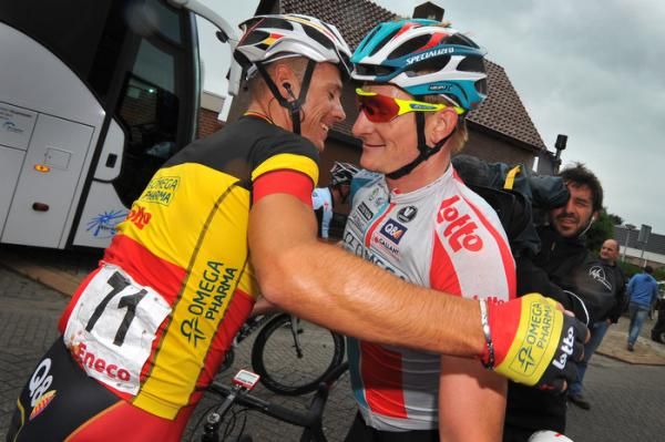 Omega Pharma-Lotto teammates Philippe Gilbert and Andre Greipel celebrate after stage 1.