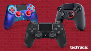 PS4 controllers on a red background
