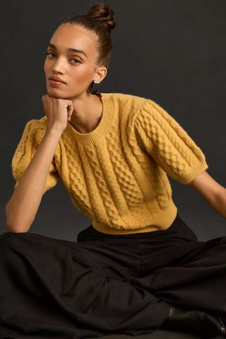 MABLE Cropped Cable Puff Short-Sleeve Sweater