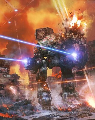  Clans concept art showing a battle mechs firing twin laser canons at an enemy