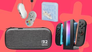Image of a bunch of Switch 2 accessories on a pink GamesRadar+ background.