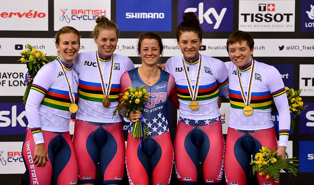 Sarah Hammer (L), Jennifer Valente (2nd L), Ruth Winder (C), Chloe Dygert (2nd R) and Kelly Catlin (R) of USA celebrate their gold medal after winning the Women's Team Pursuit Final
