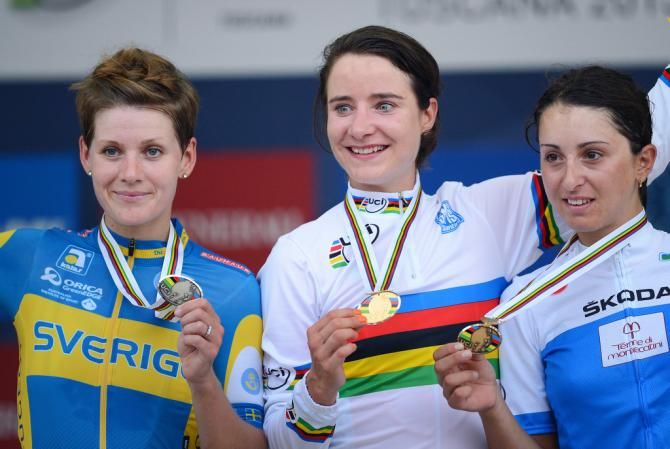Emma Johansson (Sweden), Marianne Vos (Netherlands) and Rossella Ratto (Italy) make up the 2013 podium