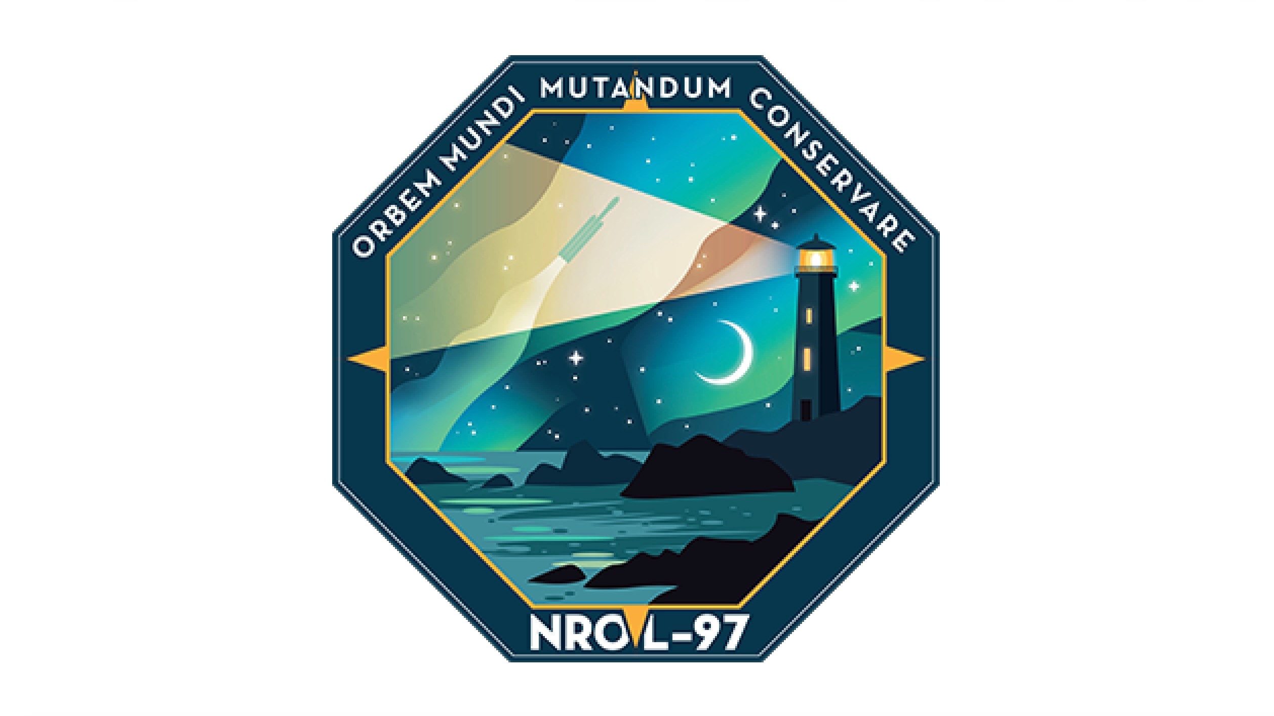 an octagonal space mission patch, which reads "nrol-97"
