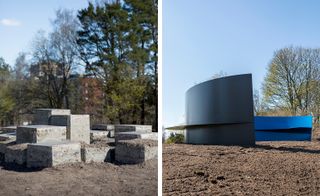 The photo to the left shows concrete blocks of different sizes and heights that serve as a sitting place at the park. The photo to the right shows a curved metal construction, with a protruding middle part that serves as a sitting place.