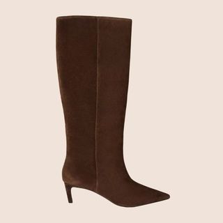 Flat lay image of brown suede boots