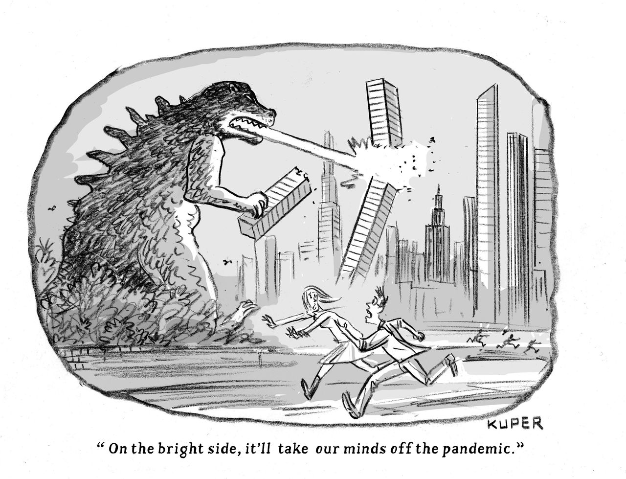 Editorial Cartoon U.S. Godzilla attacks mind off pandemic