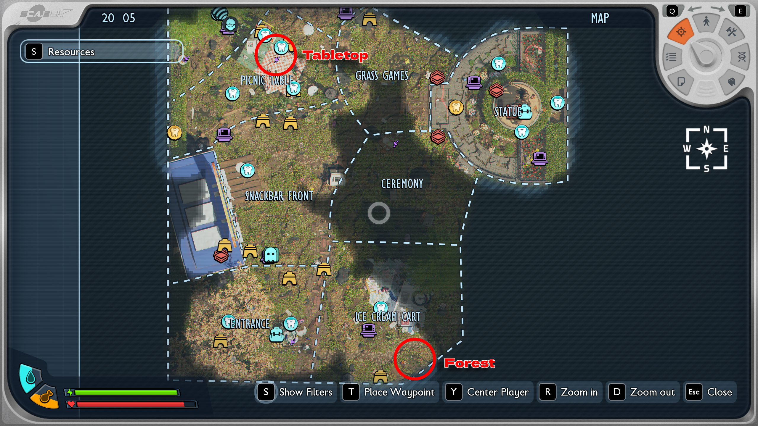 Grounded 2 blueberry: An annotated map showing the locations of blueberries at the top of the Picnic Table and a forest in the Ice Cream Cart region.