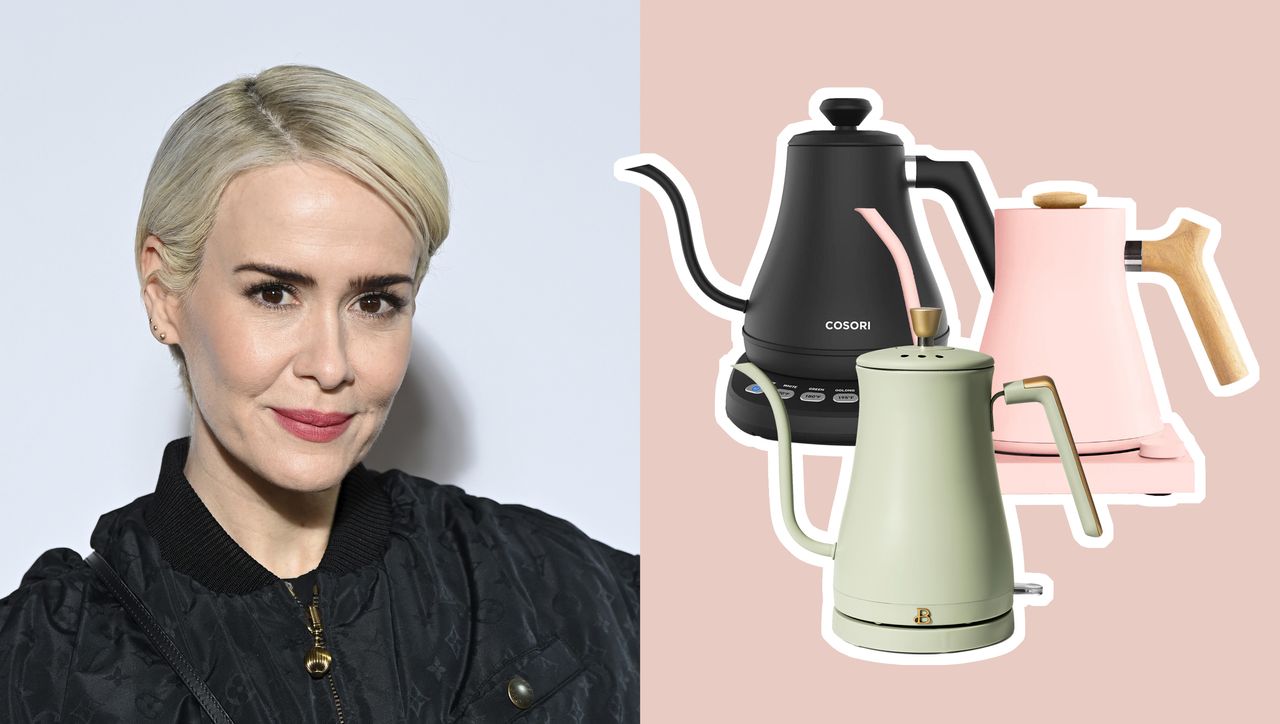 A photo of Sarah Paulson alongside 3 gooseneck kettles