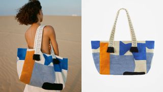 composite of model wearing Zara Solid Color Jacquard Bag on a beach and flat lay image