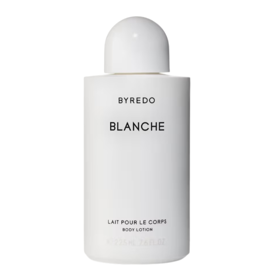 A product shot of the Byredo Blanche body lotion on a white background