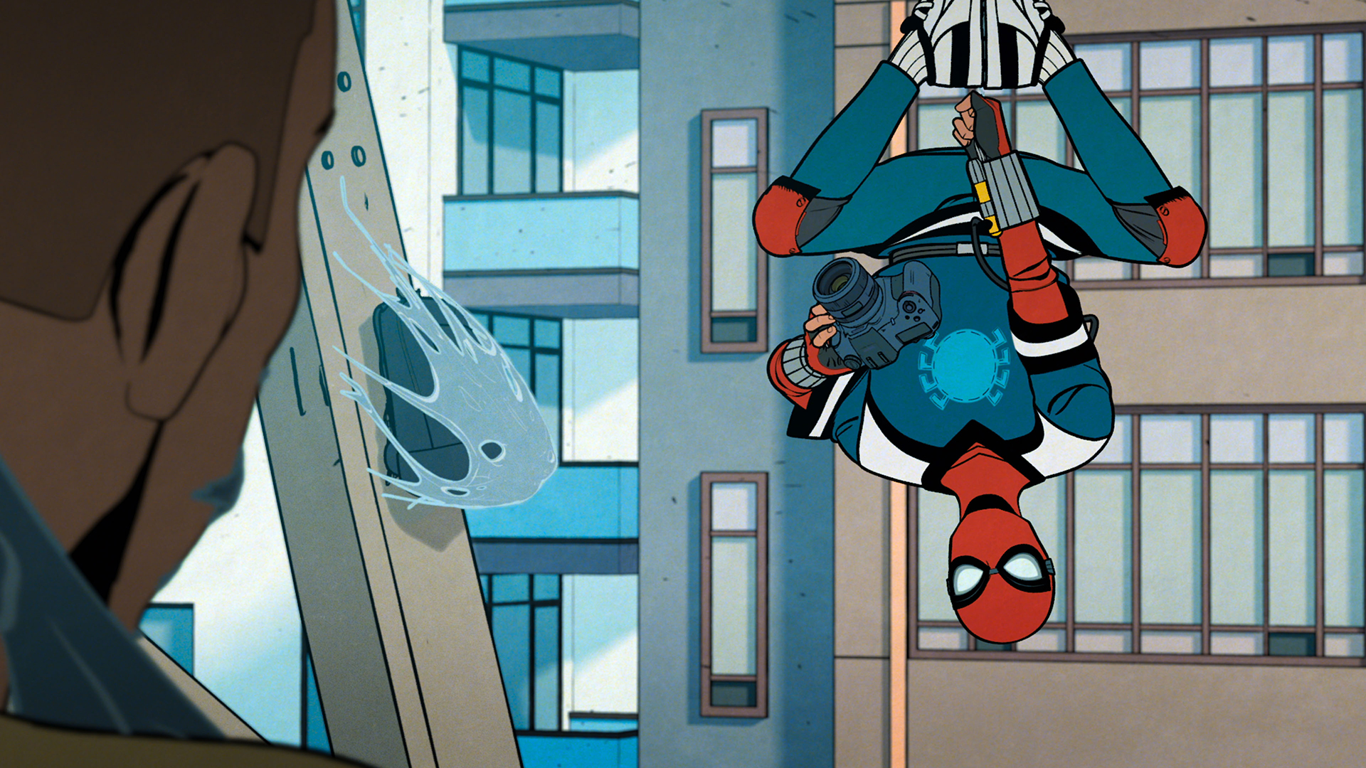 Spider-Man hanging upside down while holding a camera in Your Friendly Neighborhood Spider-Man