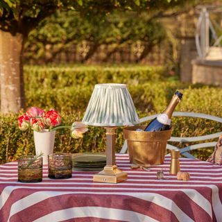Outdoor table lamp on dining table set outside, wine bottle in cooler and flowers in vase