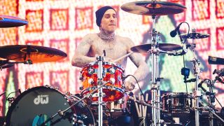 Travis Barker playing DW acrylic kit at Coachella 2023