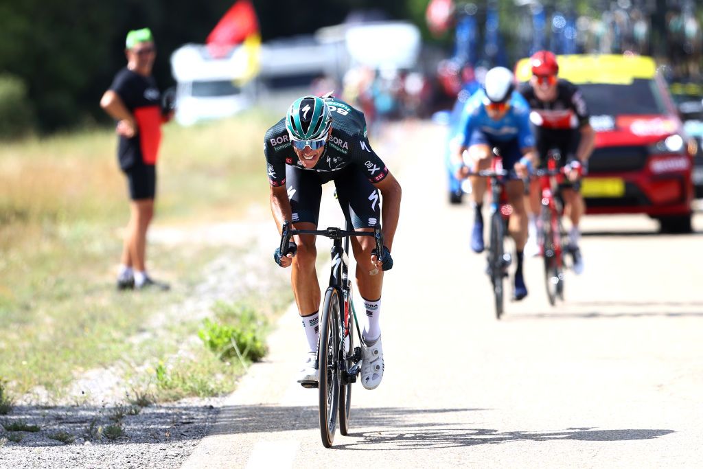 NMES FRANCE JULY 08 Nils Politt of Germany and Team BORA Hansgrohe attack in breakaway during the 108th Tour de France 2021 Stage 12 a 1594km stage from SaintPaulTroisChateaux to Nimes LeTour TDF2021 on July 08 2021 in Nmes France Photo by Michael SteeleGetty Images