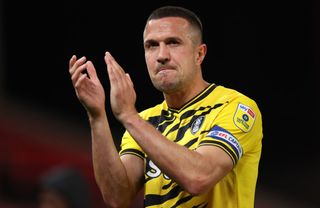 TOKE ON TRENT, ENGLAND - OCTOBER 18: Richard Wood of Rotherham United applauds the fans following the Sky Bet Championship between Stoke City and Rotherham United at Bet365 Stadium on October 18, 2022 in Stoke on Trent, England. (Photo by Nathan Stirk/Getty Images)