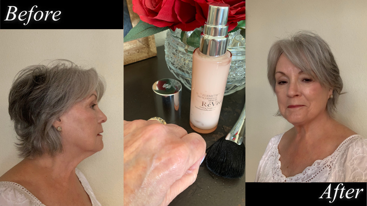 a woman with before and after photos wearing a white nightgown and bare skin, with a close up of her hand and the pink skincare bottle