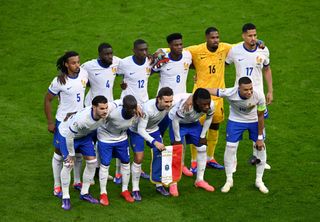 France Euro 2024 squad Players of France pose for a team photograph prior to the UEFA EURO 2024 quarter-final match between Portugal and France at Volksparkstadion on July 05, 2024 in Hamburg, Germany. (Photo by Dan Mullan/Getty Images)