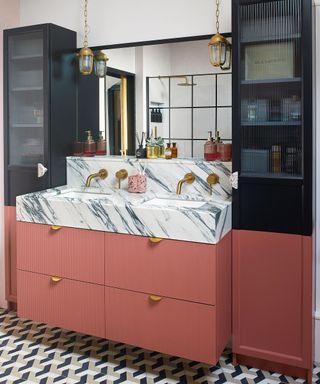 Painted bathroom vanity and storage unit made from Ikea furniture