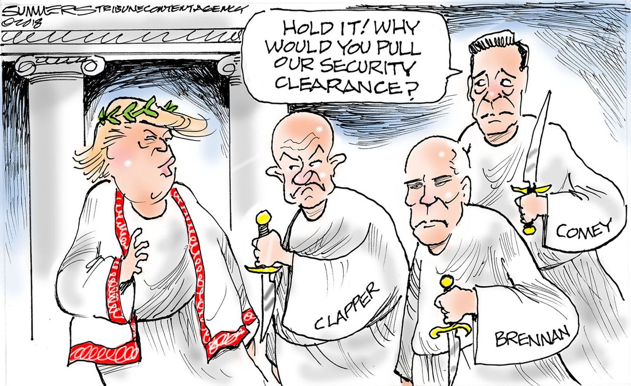 Political cartoon U.S. Trump security clearance Comey Clapper Brennan