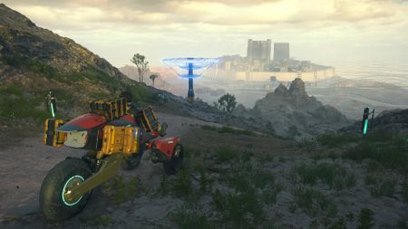 Sam sits in a bike looking across at a city in Death Stranding 2: On the Beach