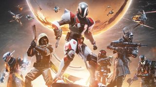 Destiny new catalysts: Key art for the Monument of Triumph update, featuring multiple Guardians holding weapons at the ready, standing on a rock with the Traveler in the background.