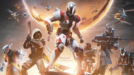 Destiny new catalysts: Key art for the Monument of Triumph update, featuring multiple Guardians holding weapons at the ready, standing on a rock with the Traveler in the background.