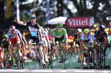 Mark Cavendish (Etixx-Quick Step) celebrates the stage win