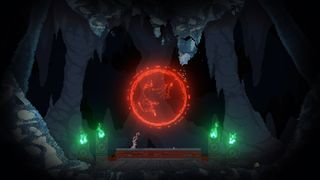 a dark cave with a giant glowing red orb floating in the center