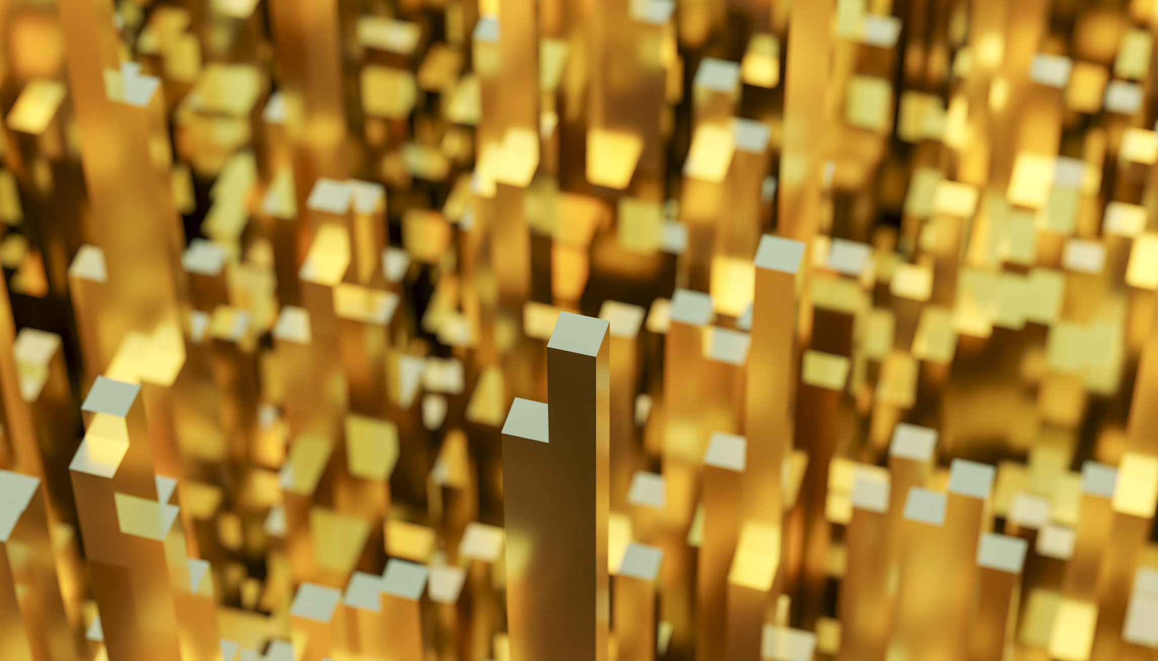 golden city made of blocks rising towards the sky