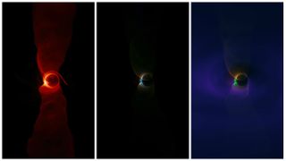 Images made from simulations showing how matter might move around in the extreme environment around a black hole. Scientists hope to use the simulations to better understand observations taken by the Event Horizon Telescope.