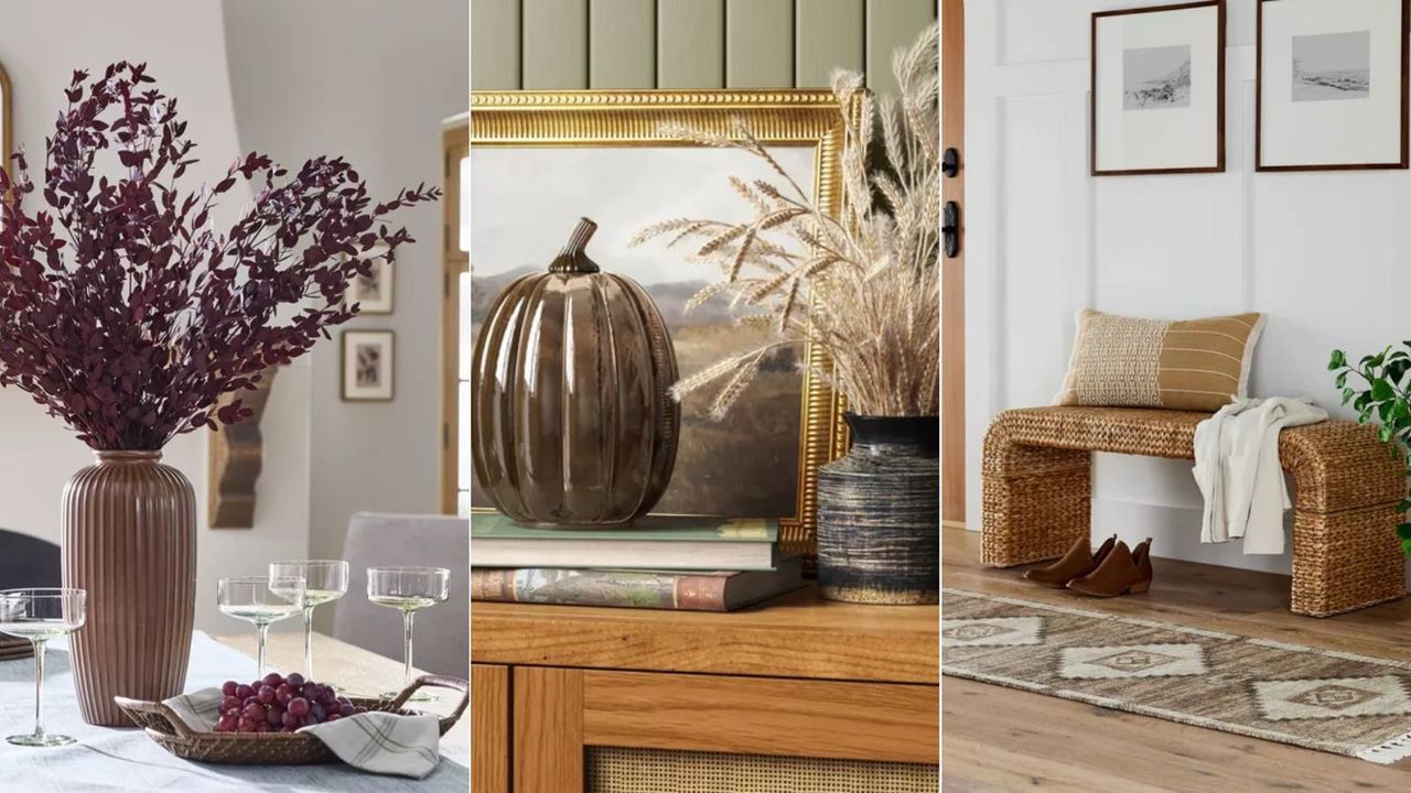 Dining table with vase and glasses, glass pumpkin, rattan bench