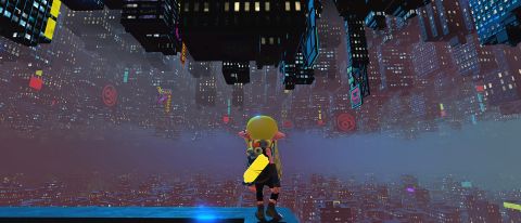 Splatoon 3 single player mission showcasing an Inception-like city backdrop