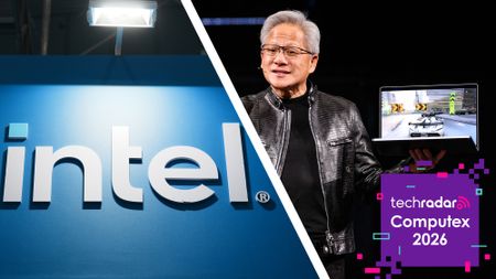 The Intel logo next to Nvidia CEO Jensen Huang holding a laptop on stage at Computex 2026