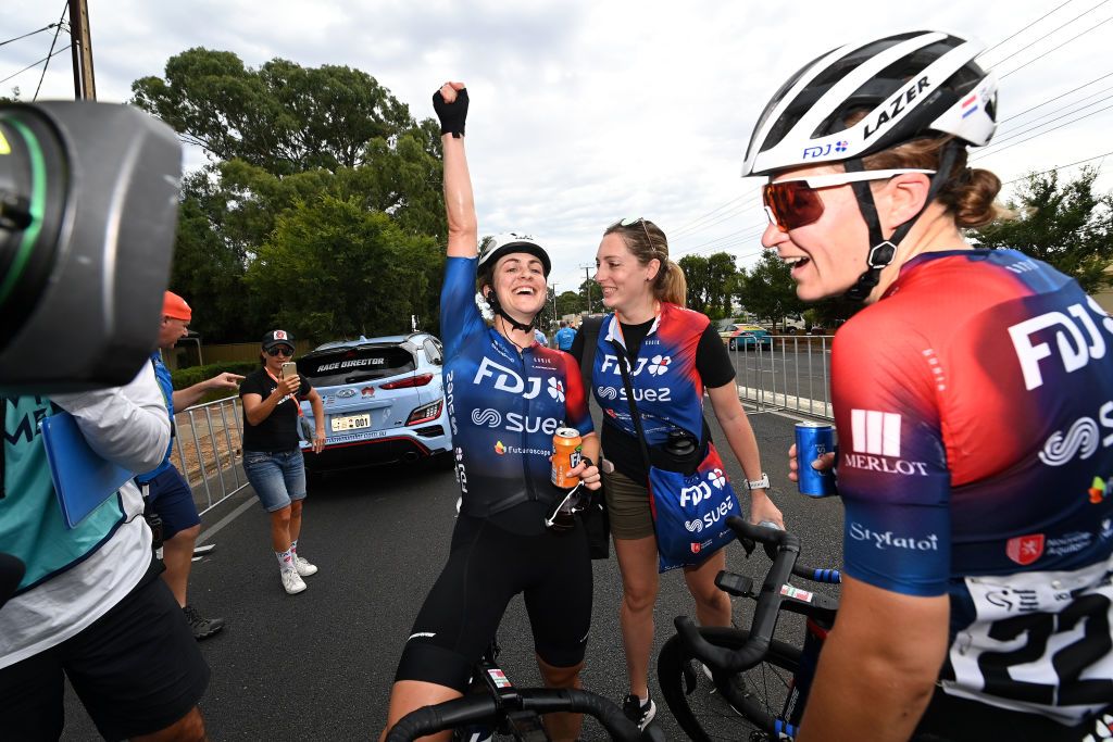 Grace Brown (FDJ-Suez) celebrates a win at the 2023 Tour Down Under