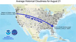 In this map of the U.S., the darker the dot, the greater the chance for cloudiness at the hour of peak viewing during the total solar eclipse on Aug. 21, 2017. The information is based on the 10-year cloudiness average for Aug. 21, 2001–2010.