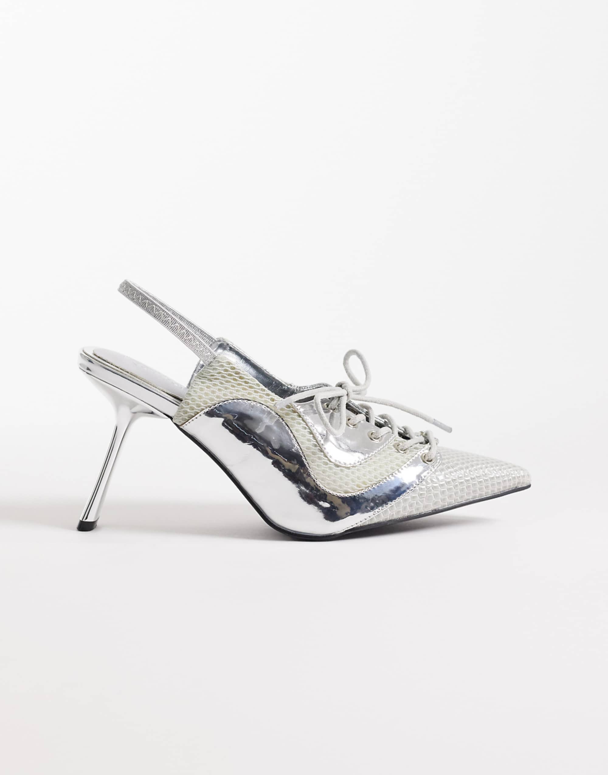 Kaiia Exclusive Lace Up Football Heels in Silver