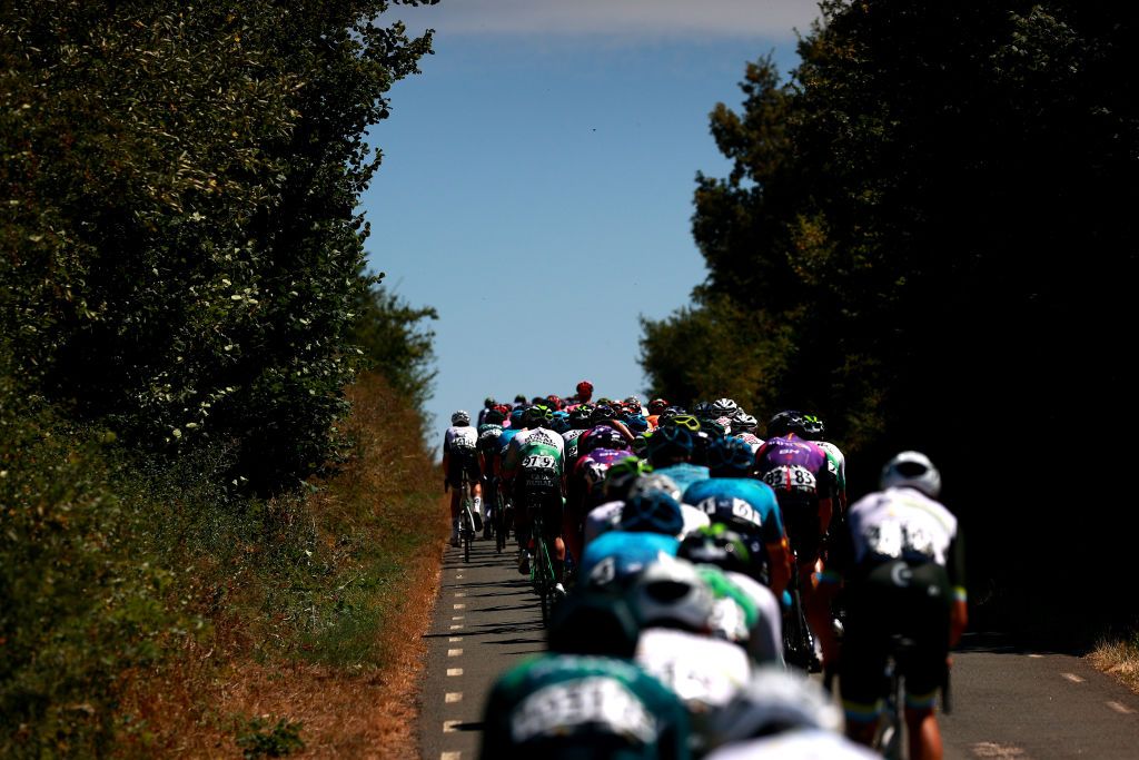 VILLARCAYO SPAIN AUGUST 17 A general view of the peloton passing through a landscape during the 45th Vuelta a Burgos 2023 Stage 3 a 183km stage from Sargentes de la Lora to Villarcayo on August 17 2023 in Villarcayo Spain Photo by Gonzalo Arroyo MorenoGetty Images