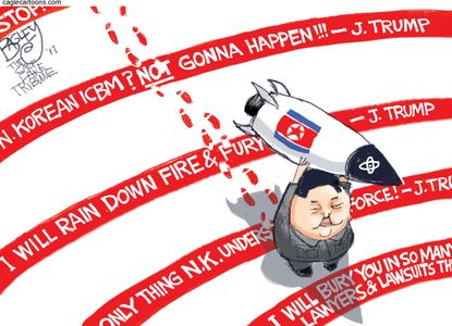 Political cartoon U.S. Trump tweets North Korea Kim Jong-Un missile
