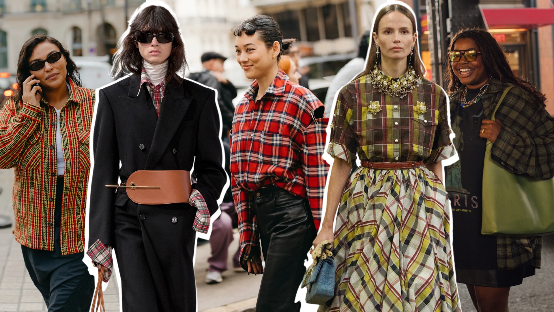 a collage of women wearing flannel shirt outfits at fashion week and on fashion runways from Celine and Chanel