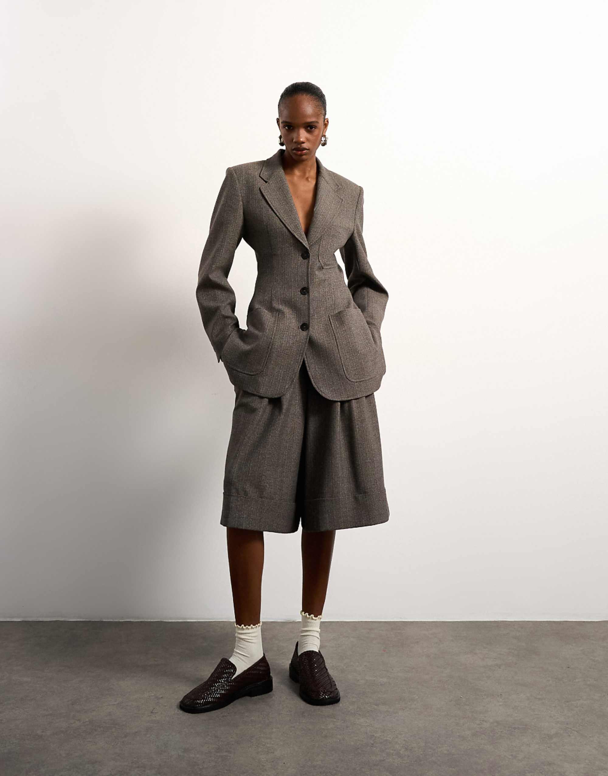 Tolu Coker X Topshop Tailored Longline Shorts in Taupe