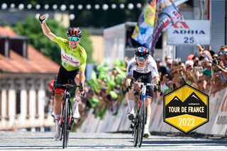 Slovenias cyclist Tadej Pogacar L of the UAE Team Emirates and Matej Mohoric of Bahrain Victorious sprint to win the 5th and last stage 1557 km from Vrhnika to Novo mesto during the Tour of Slovenia cycling race in Novo Mesto on June 19 2022 Photo by Jure Makovec AFP Photo by JURE MAKOVECAFP via Getty Images