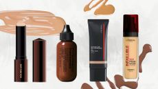 A collage of the best waterproof foundations tested by our beauty team, including the Hourglass Vanish Seamless Finish Foundation Stick, MAC Studio Radiance Face and Body Radiant Sheer Foundation, Shiseido Synchro Skin Self-Refreshing Tint and L'Oreal Paris Infallible Freshwear Liquid Foundation, all arranged in a line on a grey and white gradient background, surrounded by stock images of foundation swatches and spills.