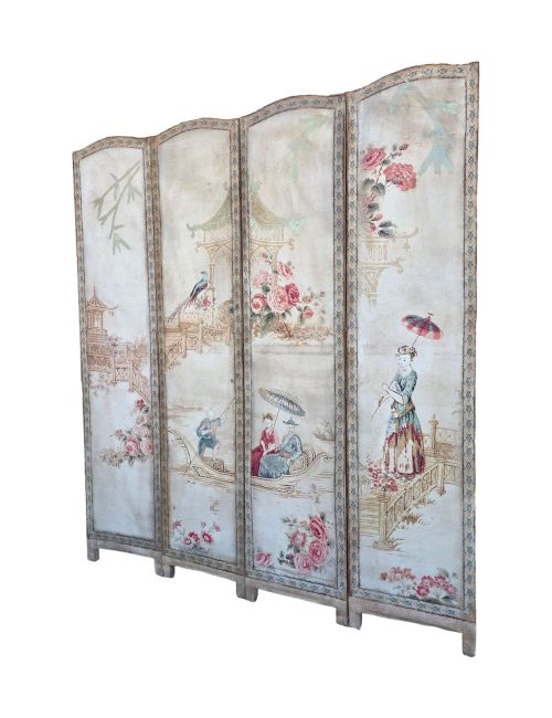 Vintage Four Panel French Chinoiserie Fabric Screen