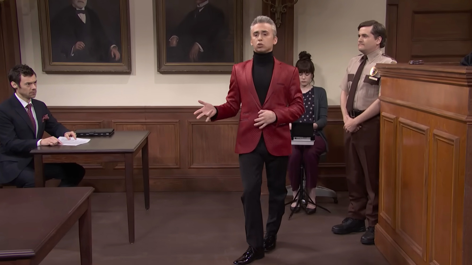 Harry Styles and Marcello Hernandez in a courtroom sketch in which the latter is playing comedian Sebastian Maniscalco.