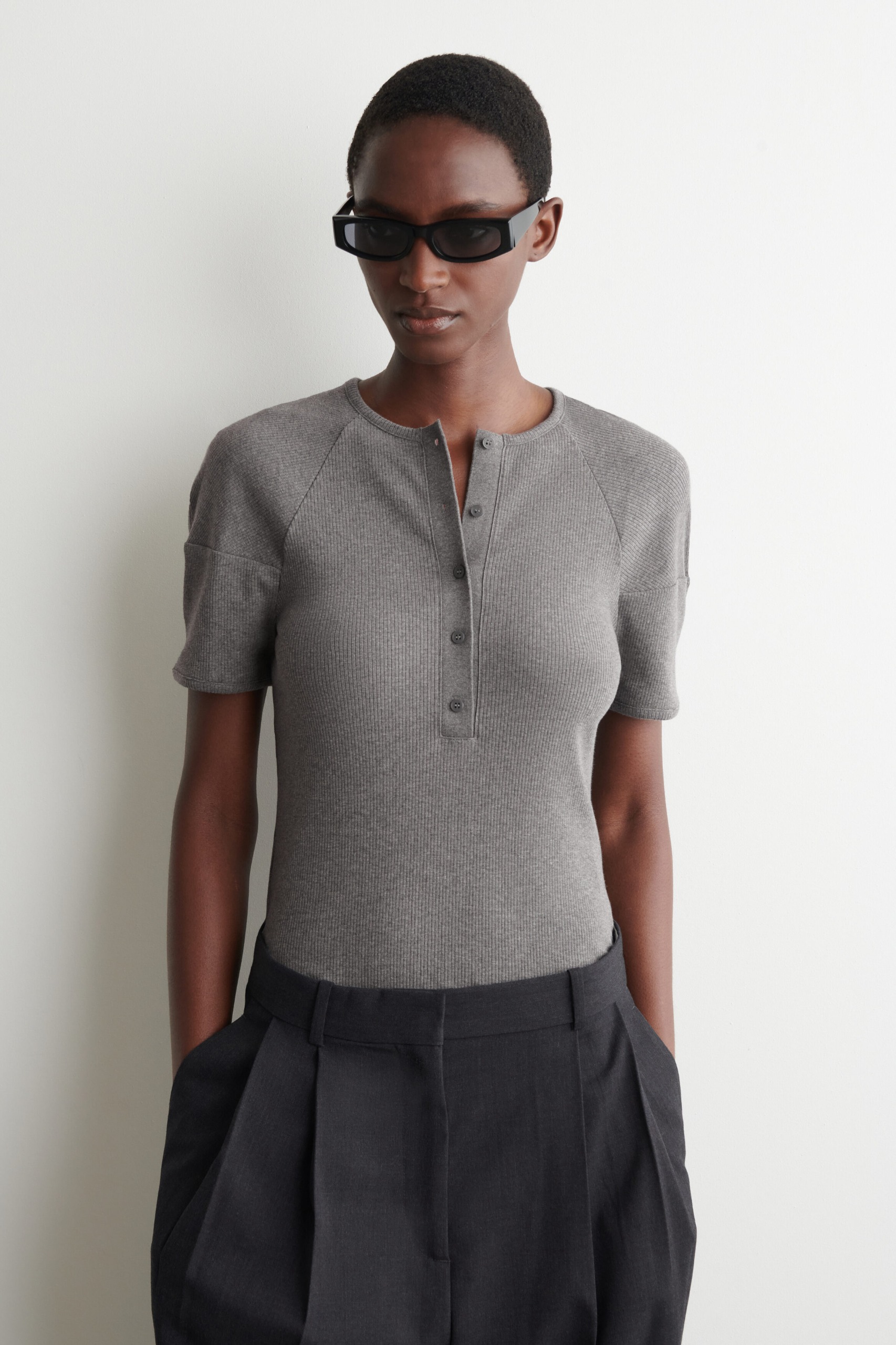 Rounded Ribbed Jersey Henley Top