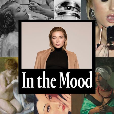florence pugh, a blonde woman, above "in the mood" white text on a black background with art treatments of women throughout history