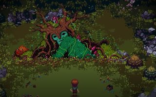Pixel art creature with wooden branches on head glares at human character