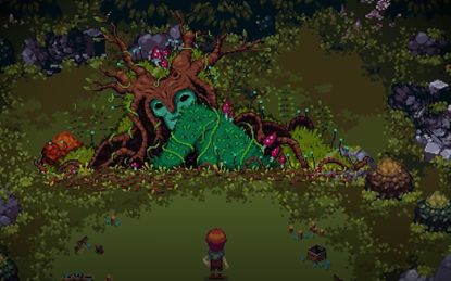 Pixel art creature with wooden branches on head glares at human character