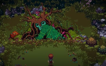 Pixel art creature with wooden branches on head glares at human character